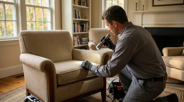 Pest control technician performing a professional bed bug inspection on living room furniture in a Keene home in fall.